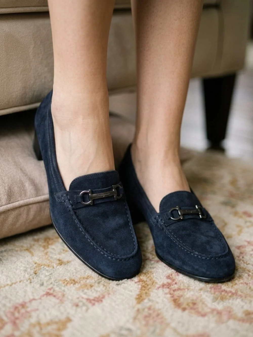 Salvatore Ferragamo Women's Blue Slip-On Loafer Flats Buckle Almond Toe 6.5 B